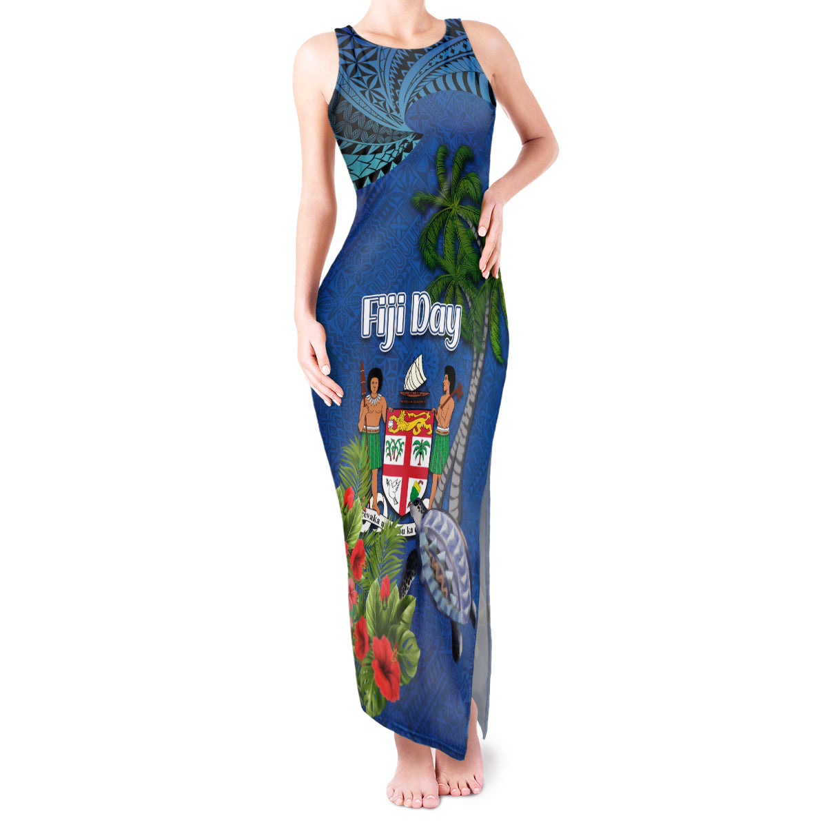 Fiji Independence Day Tank Maxi Dress Fijian Coat of Arms Palm and Hibiscus Tapa Pattern