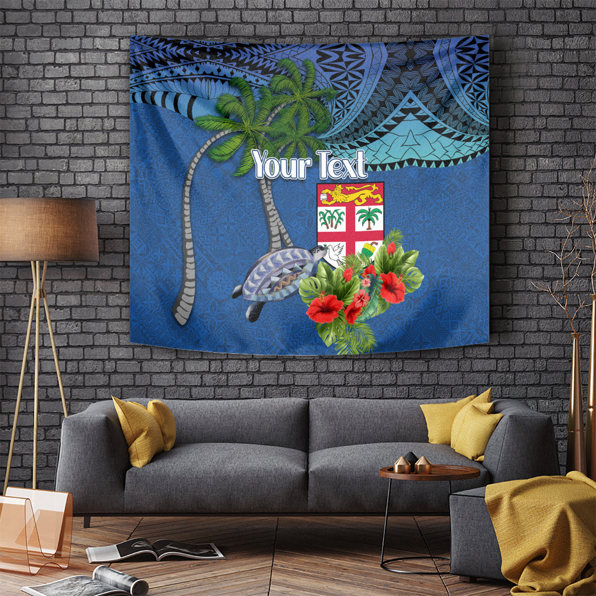 Personalised Fiji Independence Day Tapestry Fijian Coat of Arms Palm and Hibiscus Tapa Pattern