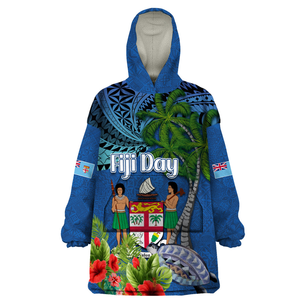 Fiji Independence Day Wearable Blanket Hoodie Fijian Coat of Arms Palm and Hibiscus Tapa Pattern