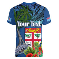 Fiji Independence Day Women V-Neck T-Shirt Fijian Coat of Arms Palm and Hibiscus Tapa Pattern
