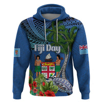 Fiji Independence Day Zip Hoodie Fijian Coat of Arms Palm and Hibiscus Tapa Pattern