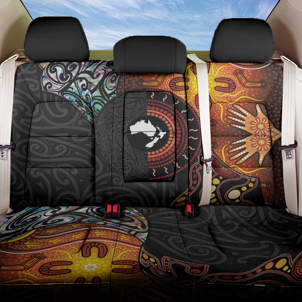New Zealand and Australia Together Back Car Seat Cover Maori Tattoo Paua Shell mix Aboriginal Pattern