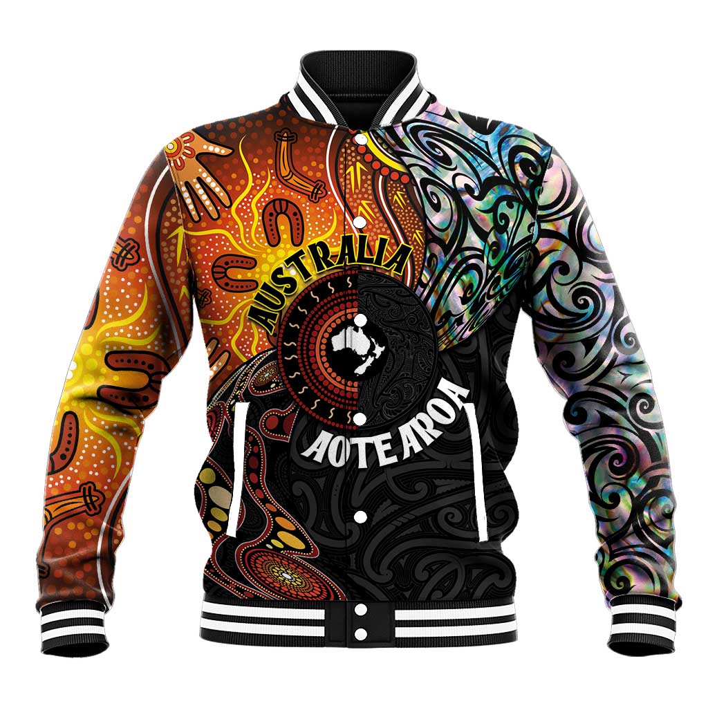 New Zealand and Australia Together Baseball Jacket Maori Tattoo Paua Shell mix Aboriginal Pattern LT03 Unisex Black - Polynesian Pride