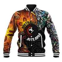 New Zealand and Australia Together Baseball Jacket Maori Tattoo Paua Shell mix Aboriginal Pattern LT03 Unisex Black - Polynesian Pride