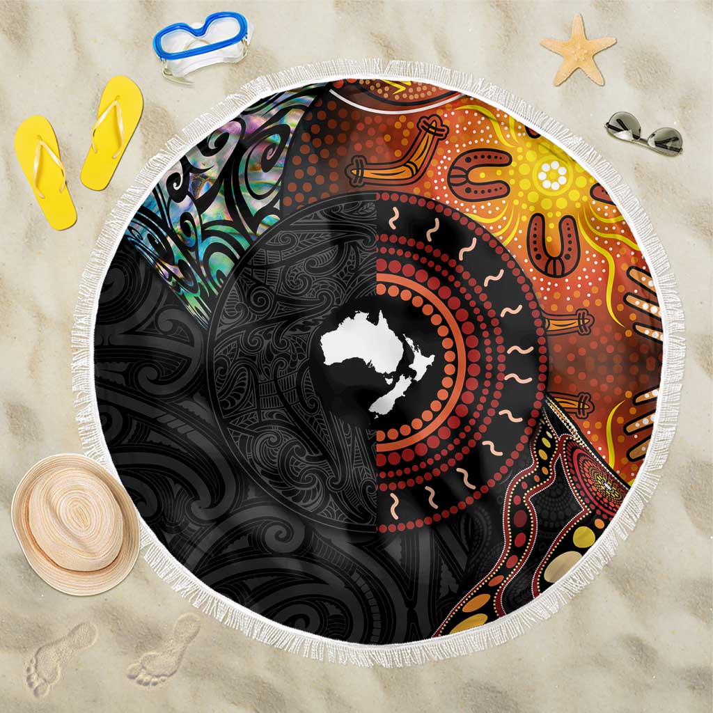 New Zealand and Australia Together Beach Blanket Maori Tattoo Paua Shell mix Aboriginal Pattern LT03 One Size 150cm Black - Polynesian Pride