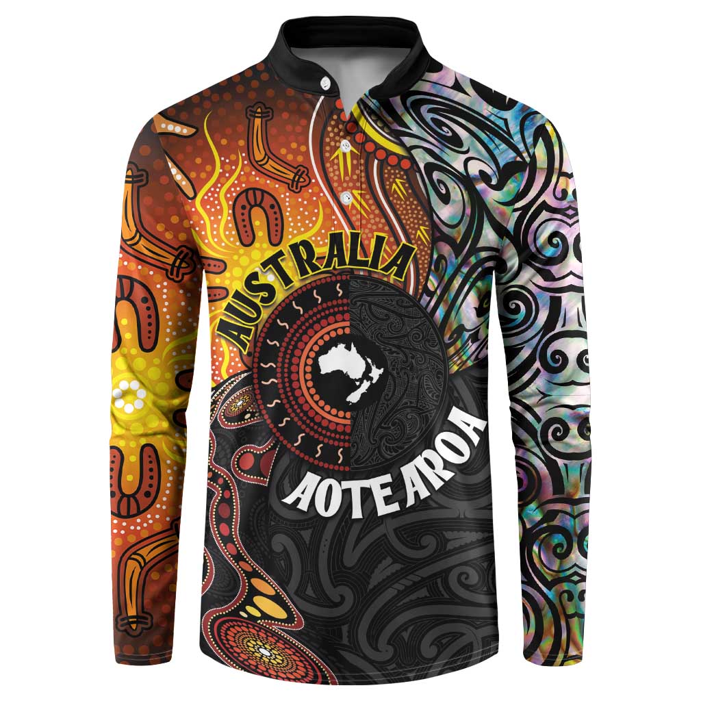 New Zealand and Australia Together Button Sweatshirt Maori Tattoo Paua Shell mix Aboriginal Pattern LT03 Black - Polynesian Pride