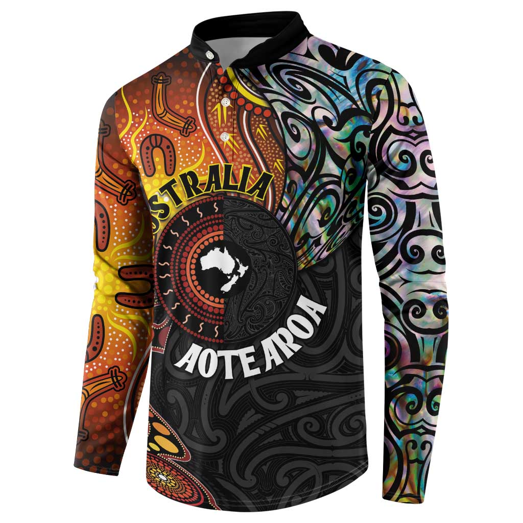 New Zealand and Australia Together Button Sweatshirt Maori Tattoo Paua Shell mix Aboriginal Pattern LT03 - Polynesian Pride