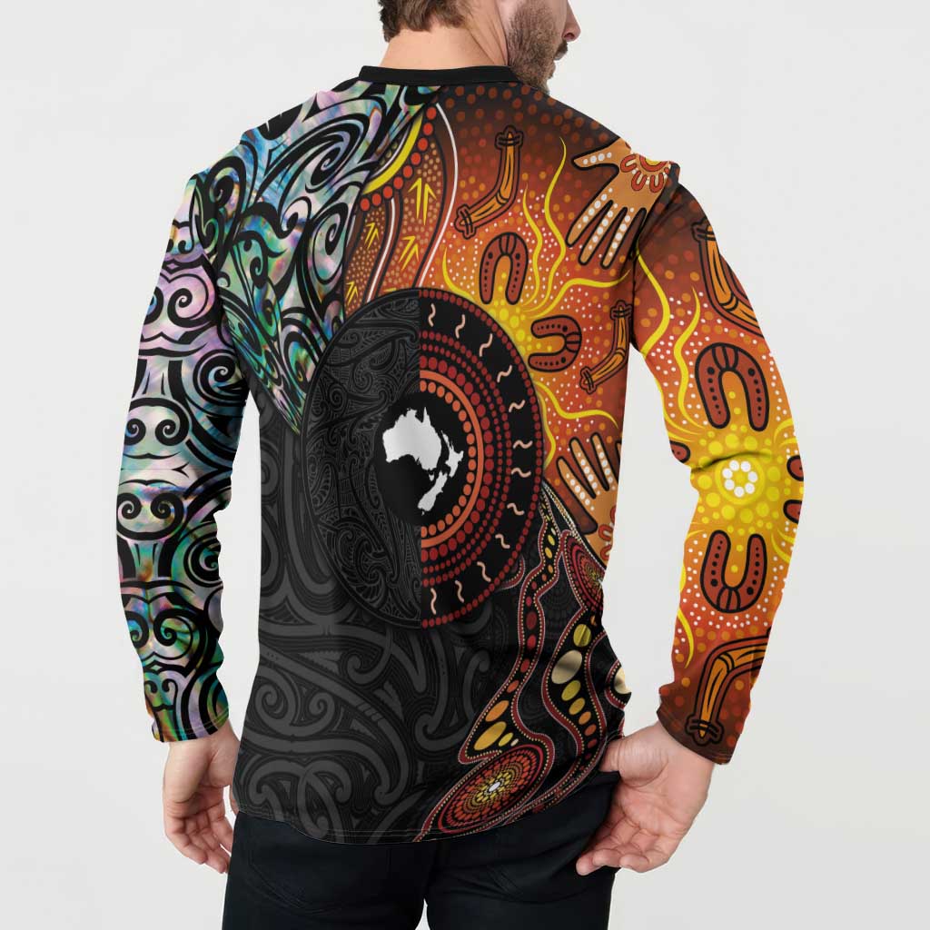 New Zealand and Australia Together Button Sweatshirt Maori Tattoo Paua Shell mix Aboriginal Pattern LT03 - Polynesian Pride
