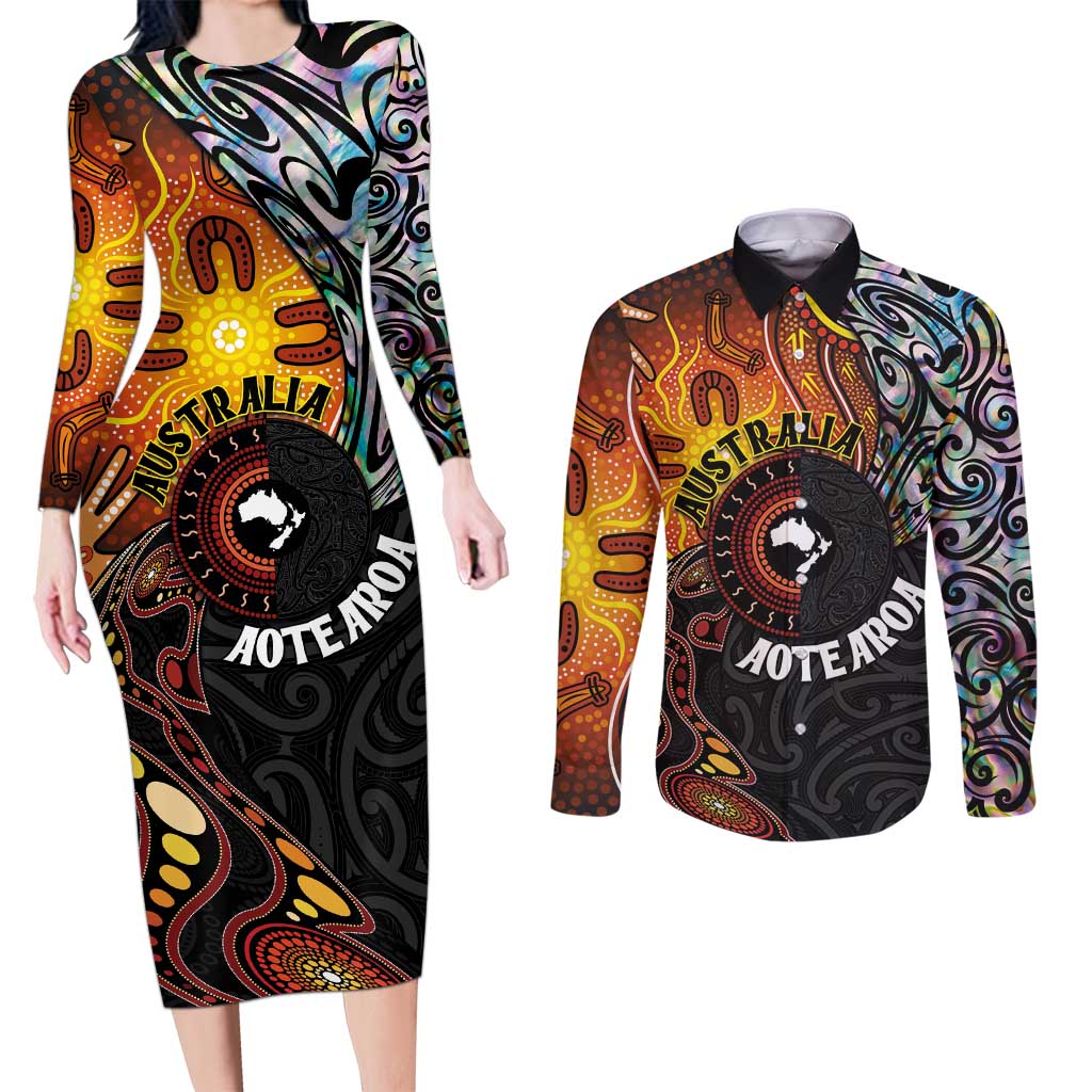 New Zealand and Australia Together Couples Matching Long Sleeve Bodycon Dress and Long Sleeve Button Shirt Maori Tattoo Paua Shell mix Aboriginal Pattern LT03 Black - Polynesian Pride