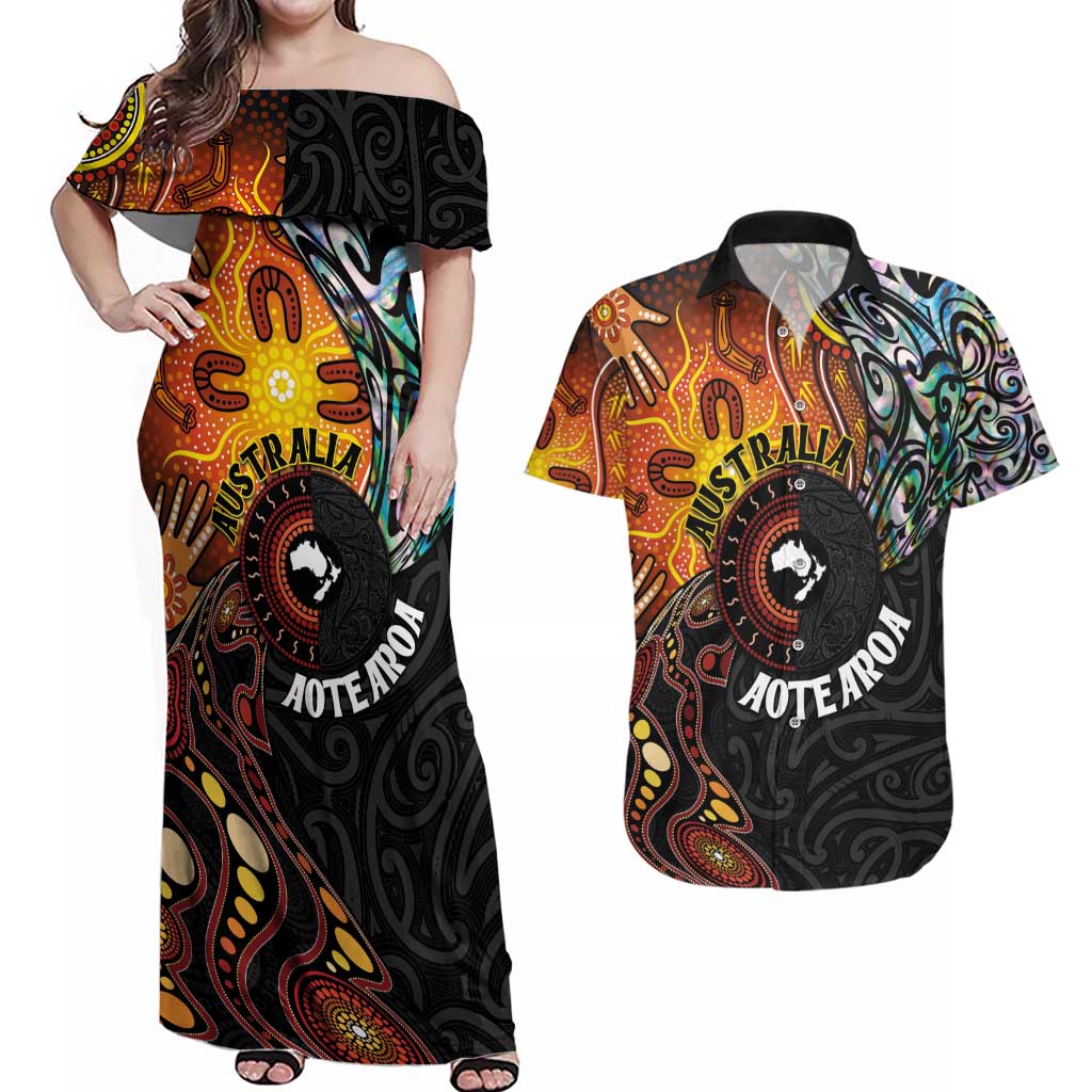 New Zealand and Australia Together Couples Matching Off Shoulder Maxi Dress and Hawaiian Shirt Maori Tattoo Paua Shell mix Aboriginal Pattern