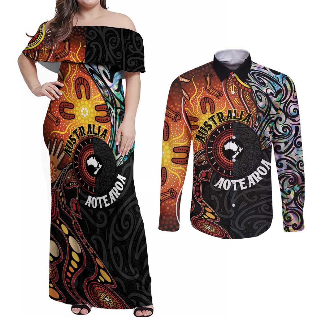 New Zealand and Australia Together Couples Matching Off Shoulder Maxi Dress and Long Sleeve Button Shirt Maori Tattoo Paua Shell mix Aboriginal Pattern LT03 Black - Polynesian Pride