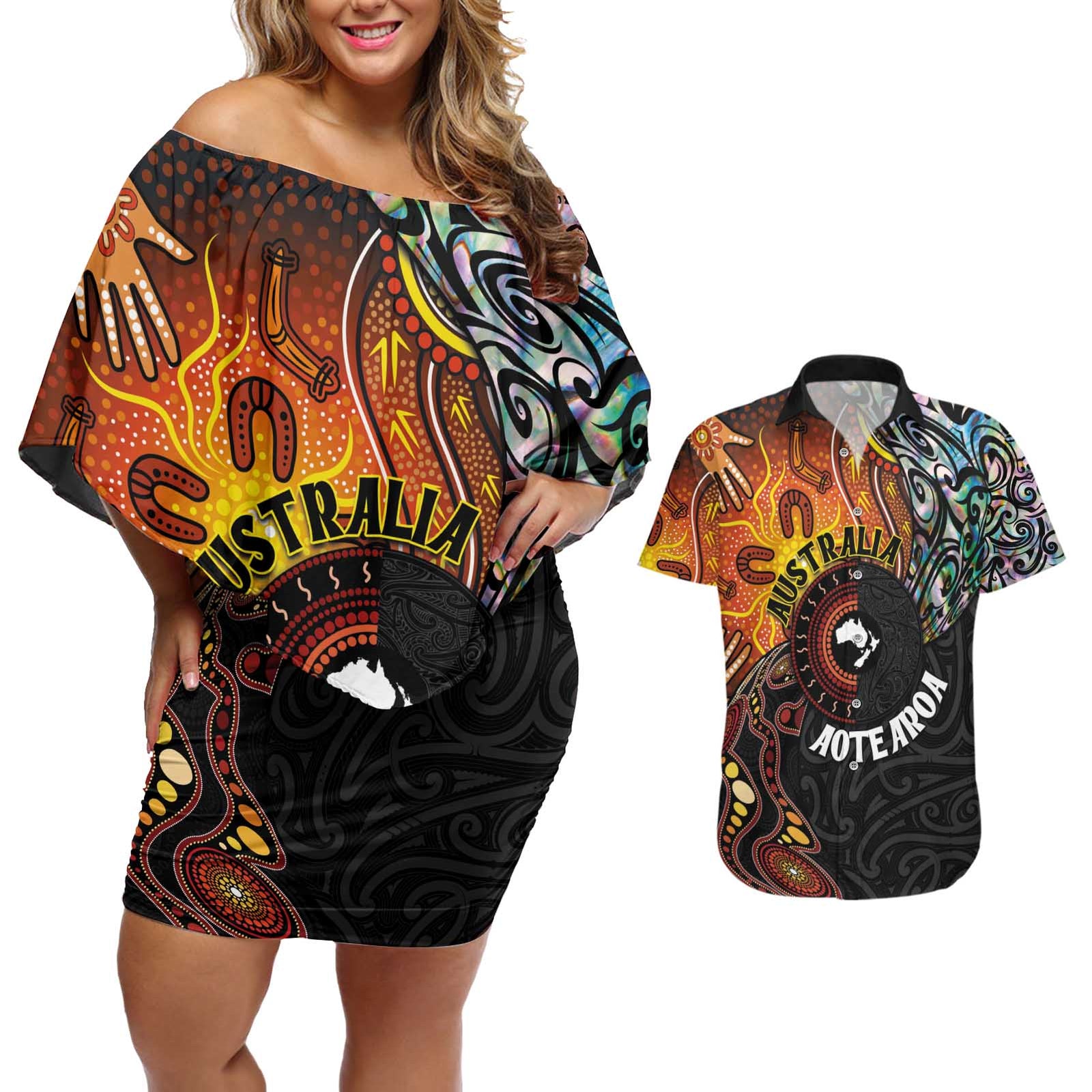 New Zealand and Australia Together Couples Matching Off Shoulder Short Dress and Hawaiian Shirt Maori Tattoo Paua Shell mix Aboriginal Pattern LT03 Black - Polynesian Pride