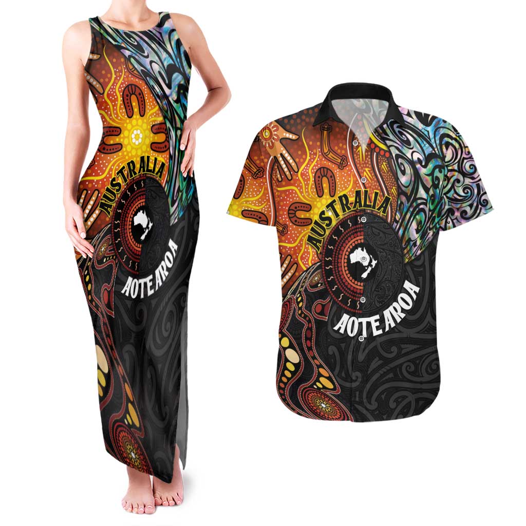 New Zealand and Australia Together Couples Matching Tank Maxi Dress and Hawaiian Shirt Maori Tattoo Paua Shell mix Aboriginal Pattern LT03 Black - Polynesian Pride