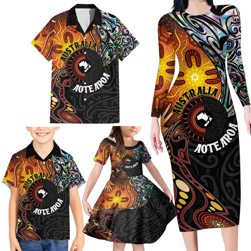 New Zealand and Australia Together Family Matching Long Sleeve Bodycon Dress and Hawaiian Shirt Maori Tattoo Paua Shell mix Aboriginal Pattern