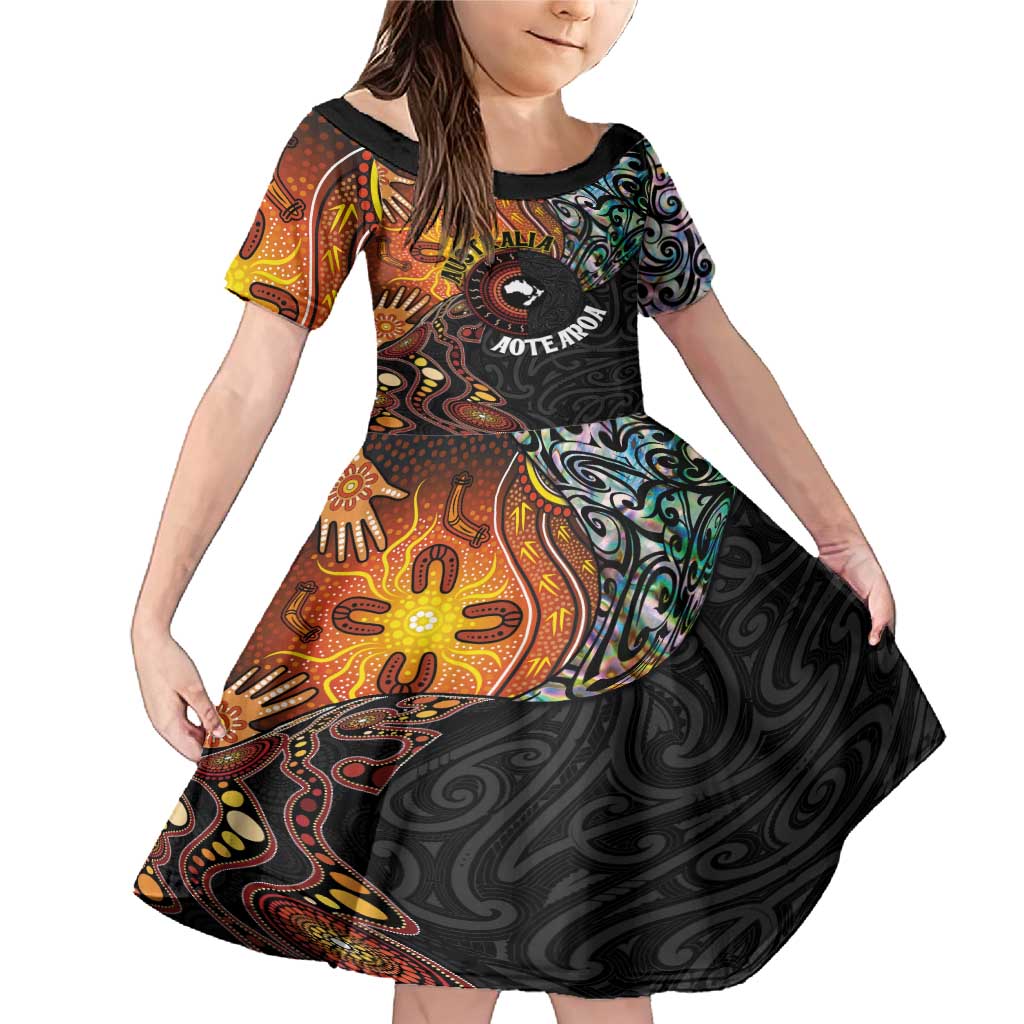 New Zealand and Australia Together Family Matching Mermaid Dress and Hawaiian Shirt Maori Tattoo Paua Shell mix Aboriginal Pattern