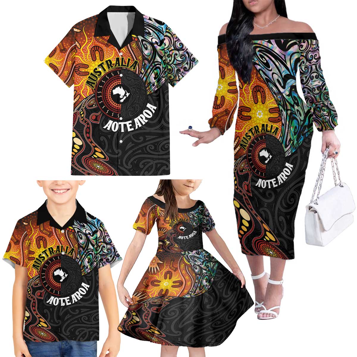 New Zealand and Australia Together Family Matching Off The Shoulder Long Sleeve Dress and Hawaiian Shirt Maori Tattoo Paua Shell mix Aboriginal Pattern LT03 - Polynesian Pride