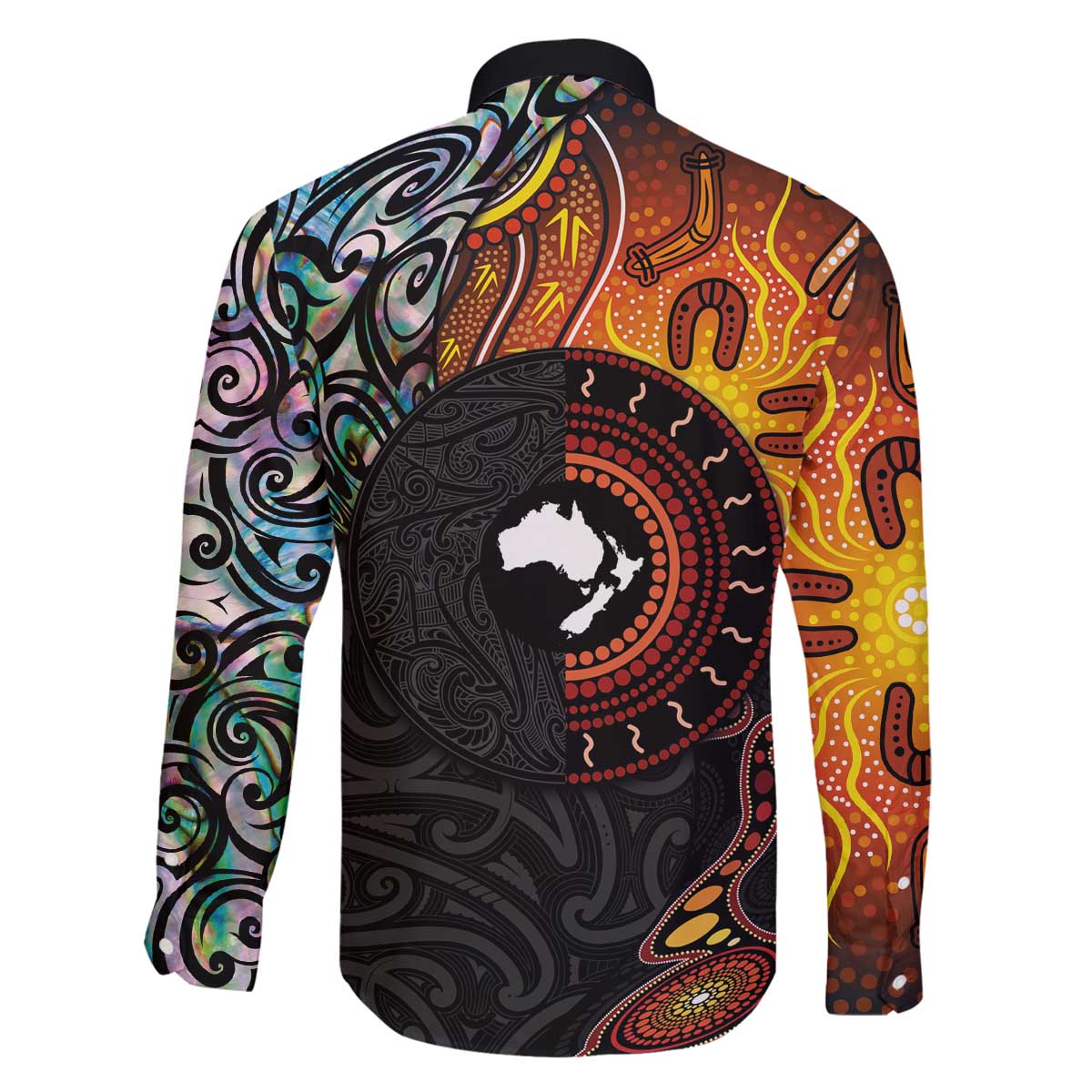 New Zealand and Australia Together Family Matching Off The Shoulder Long Sleeve Dress and Hawaiian Shirt Maori Tattoo Paua Shell mix Aboriginal Pattern