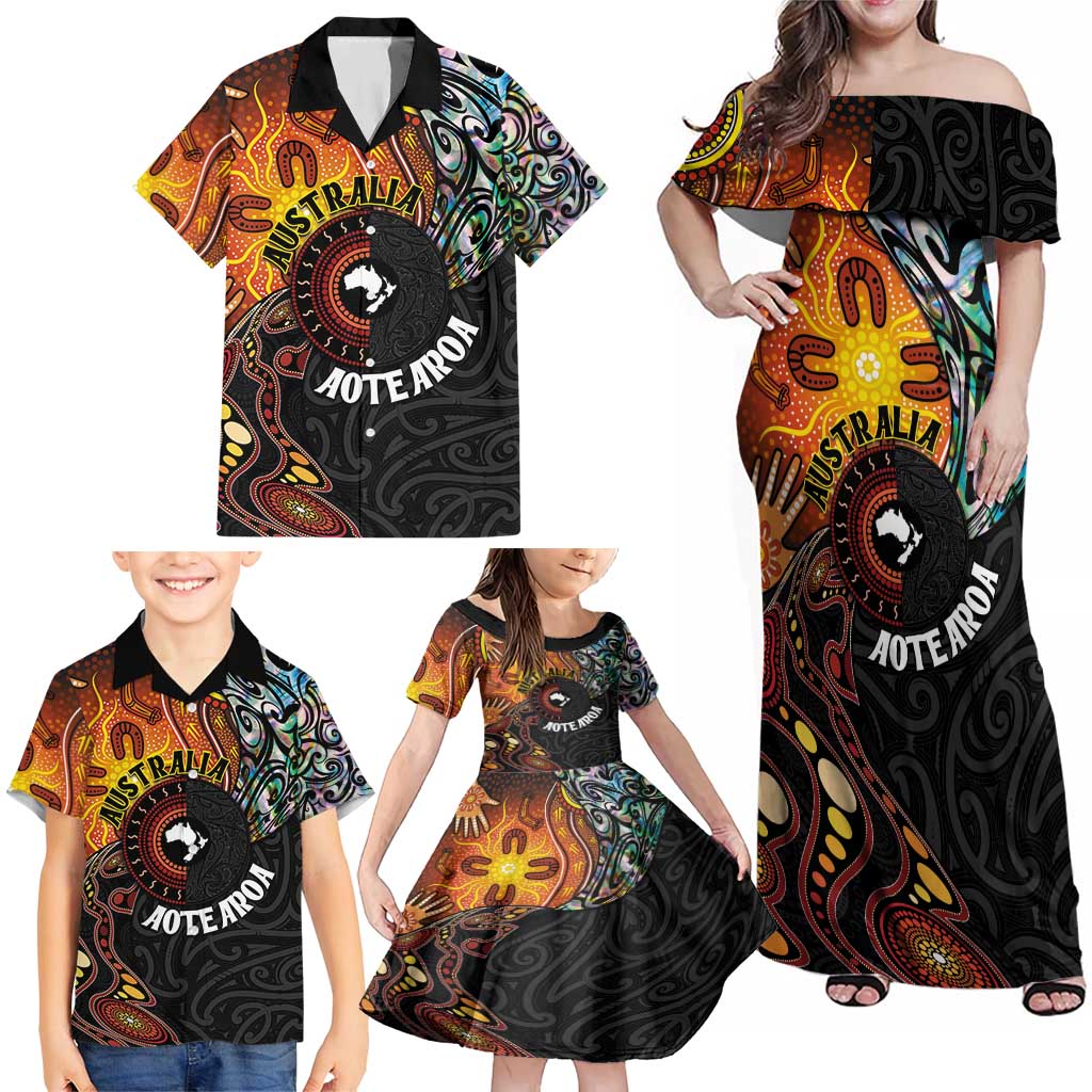 New Zealand and Australia Together Family Matching Off Shoulder Maxi Dress and Hawaiian Shirt Maori Tattoo Paua Shell mix Aboriginal Pattern LT03 - Polynesian Pride