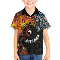 New Zealand and Australia Together Family Matching Off Shoulder Maxi Dress and Hawaiian Shirt Maori Tattoo Paua Shell mix Aboriginal Pattern LT03 Son's Shirt Black - Polynesian Pride
