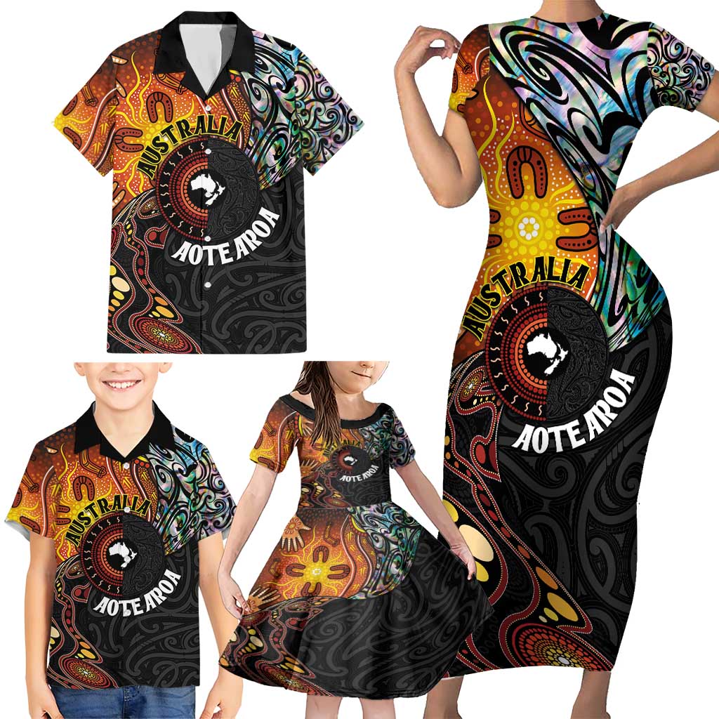 New Zealand and Australia Together Family Matching Short Sleeve Bodycon Dress and Hawaiian Shirt Maori Tattoo Paua Shell mix Aboriginal Pattern