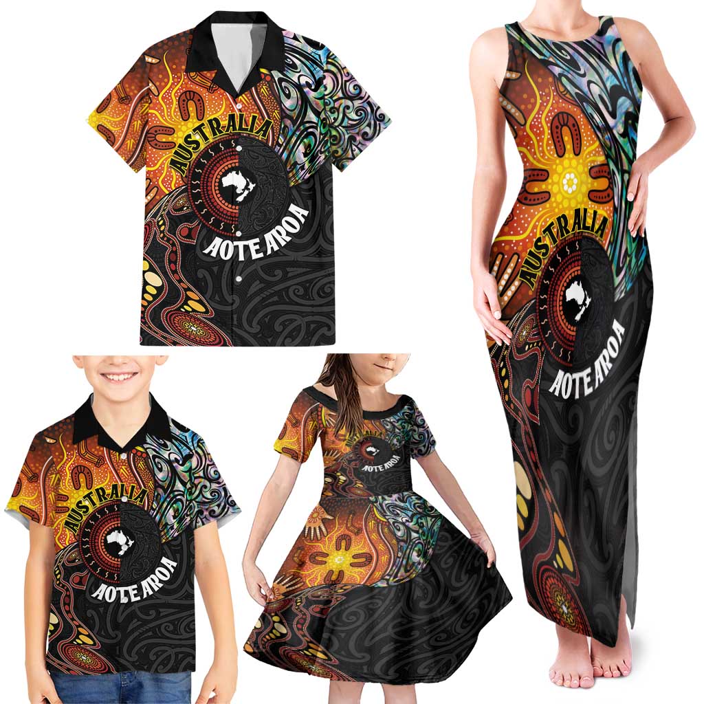 New Zealand and Australia Together Family Matching Tank Maxi Dress and Hawaiian Shirt Maori Tattoo Paua Shell mix Aboriginal Pattern