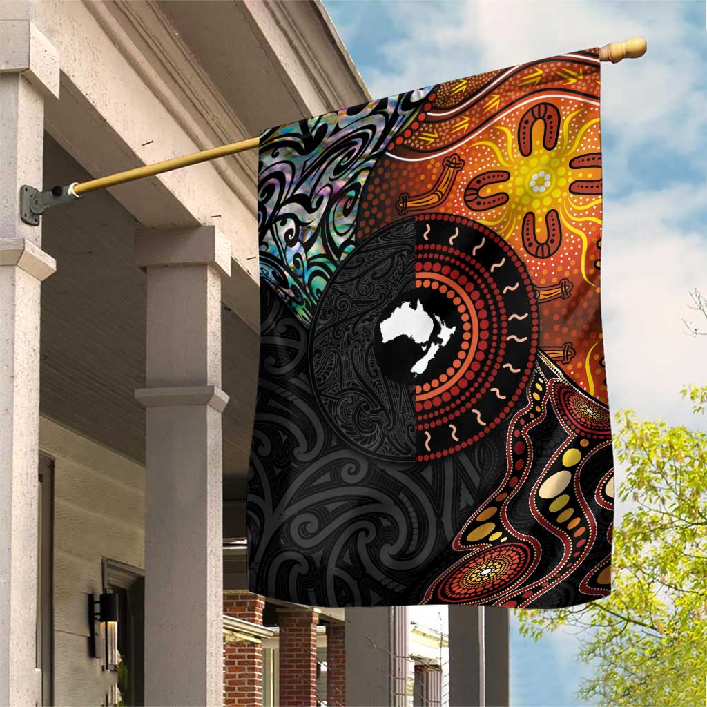 New Zealand and Australia Together Garden Flag Maori Tattoo Paua Shell mix Aboriginal Pattern LT03 House Flag Black - Polynesian Pride