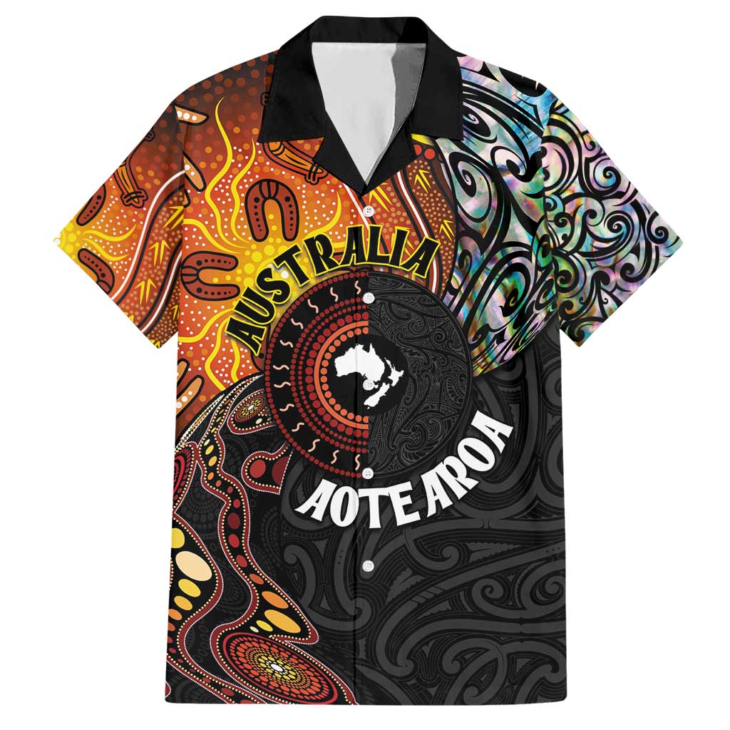 New Zealand and Australia Together Hawaiian Shirt Maori Tattoo Paua Shell mix Aboriginal Pattern LT03 Black - Polynesian Pride