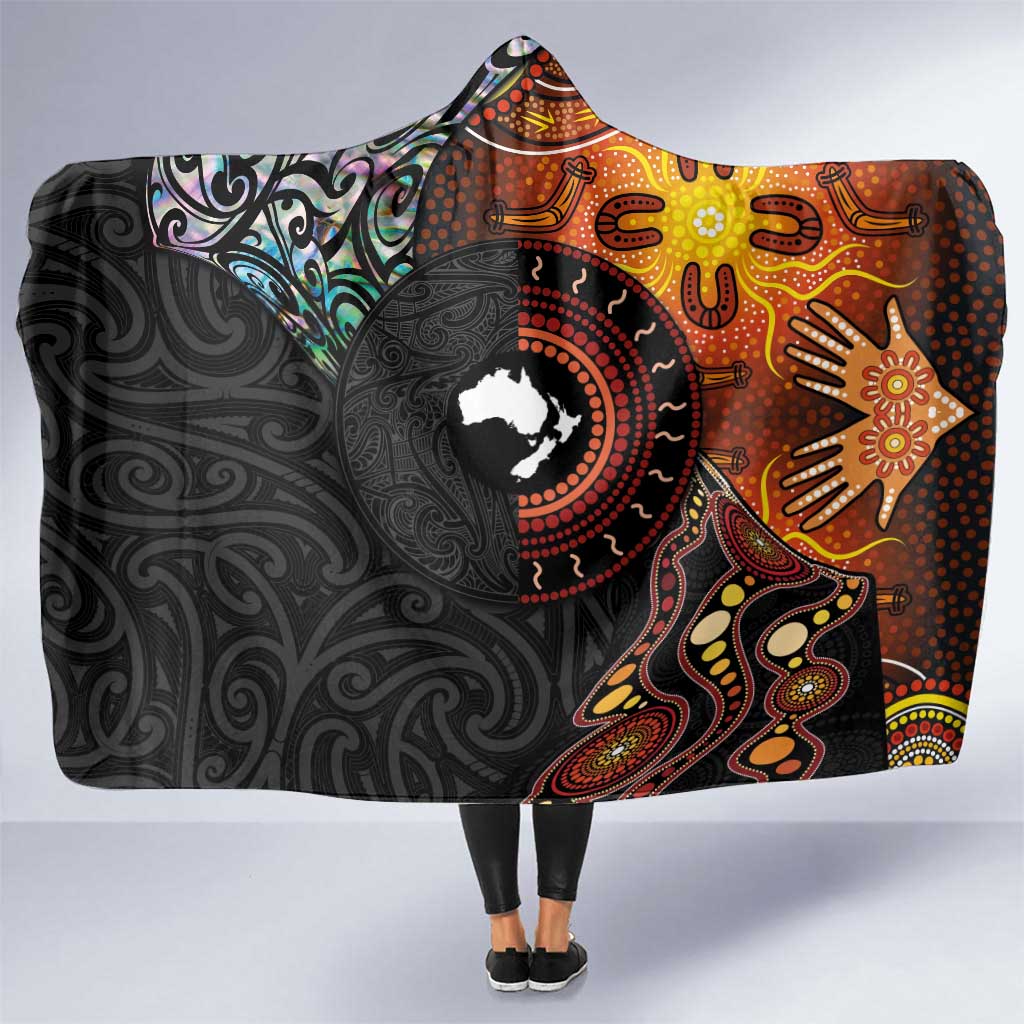 New Zealand and Australia Together Hooded Blanket Maori Tattoo Paua Shell mix Aboriginal Pattern LT03 One Size Black - Polynesian Pride