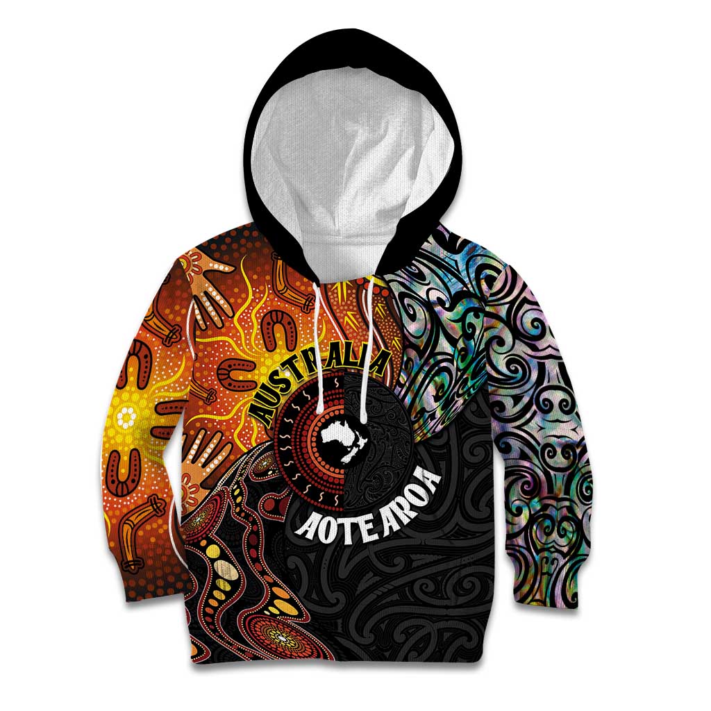 New Zealand and Australia Together Kid Hoodie Maori Tattoo Paua Shell mix Aboriginal Pattern