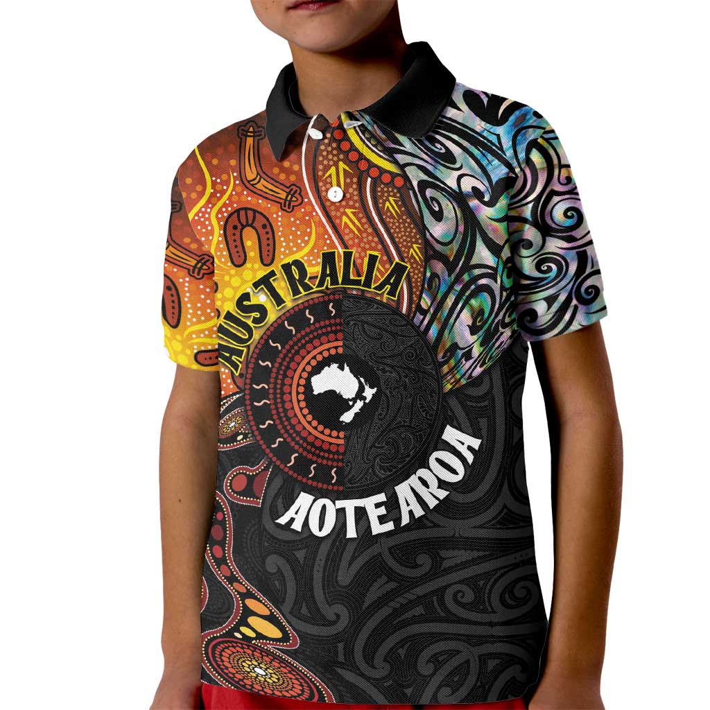 New Zealand and Australia Together Kid Polo Shirt Maori Tattoo Paua Shell mix Aboriginal Pattern