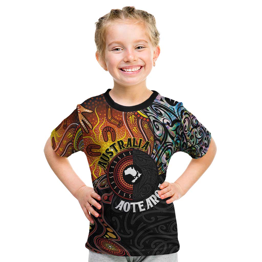 New Zealand and Australia Together Kid T Shirt Maori Tattoo Paua Shell mix Aboriginal Pattern