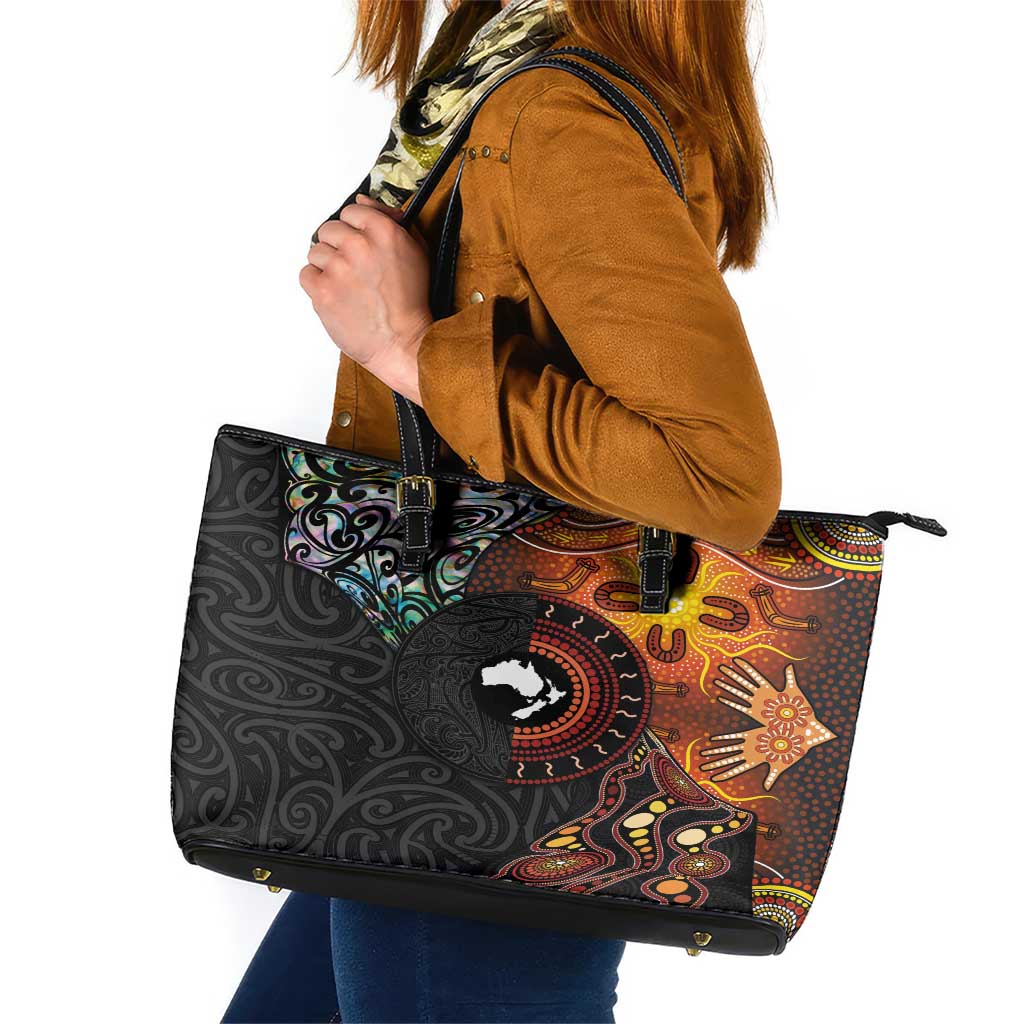 New Zealand and Australia Together Leather Tote Bag Maori Tattoo Paua Shell mix Aboriginal Pattern LT03 Black - Polynesian Pride