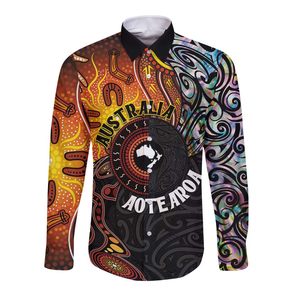 New Zealand and Australia Together Long Sleeve Button Shirt Maori Tattoo Paua Shell mix Aboriginal Pattern