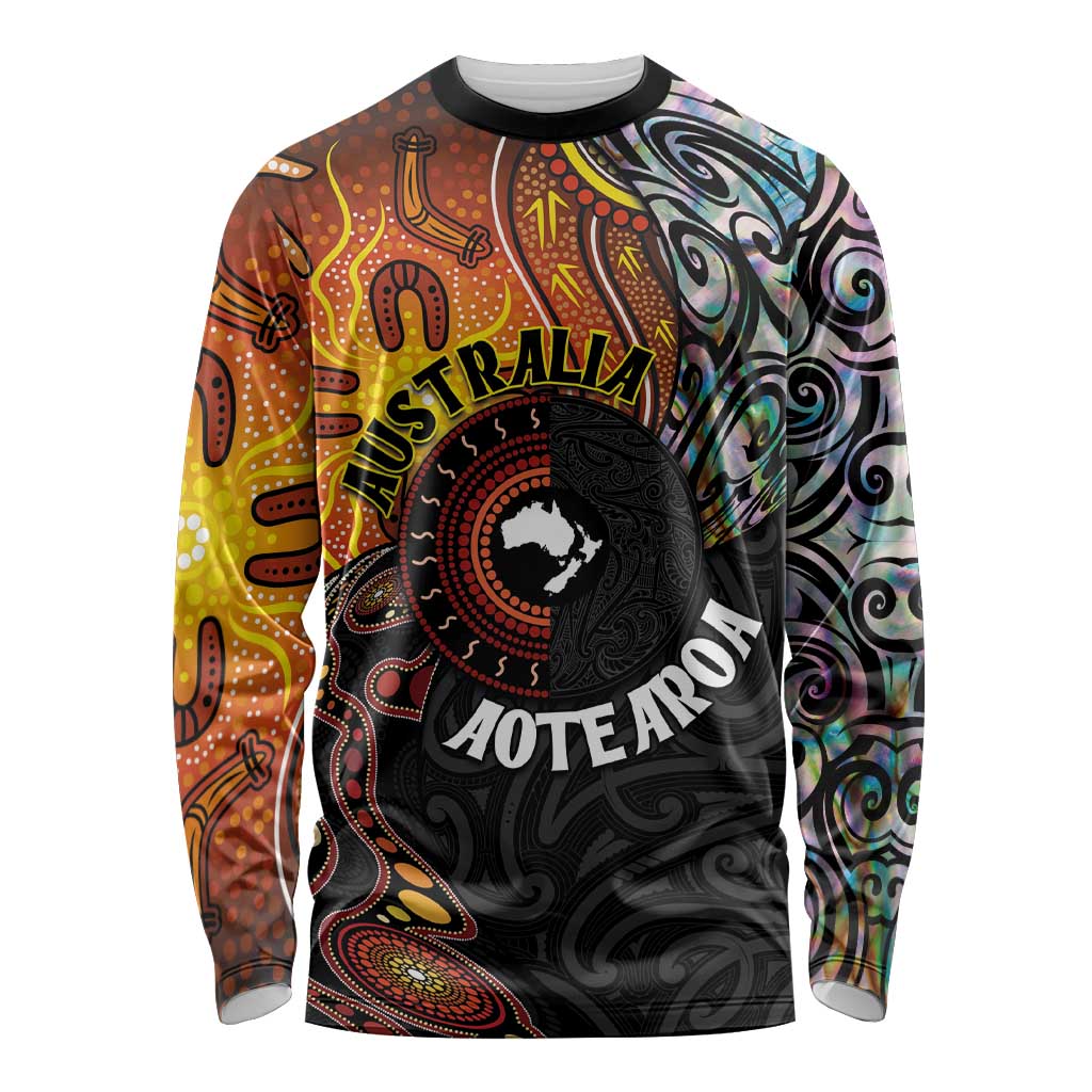 New Zealand and Australia Together Long Sleeve Shirt Maori Tattoo Paua Shell mix Aboriginal Pattern