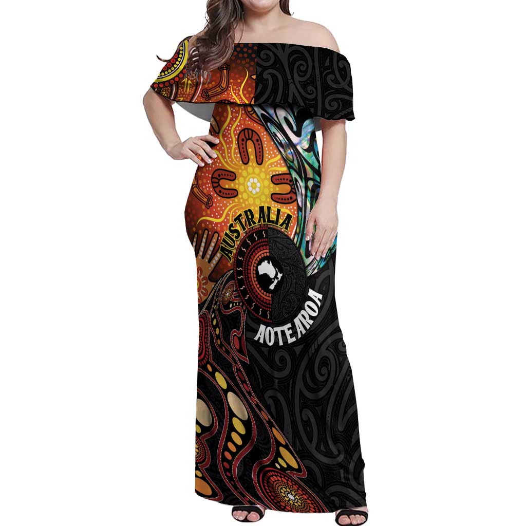 New Zealand and Australia Together Off Shoulder Maxi Dress Maori Tattoo Paua Shell mix Aboriginal Pattern