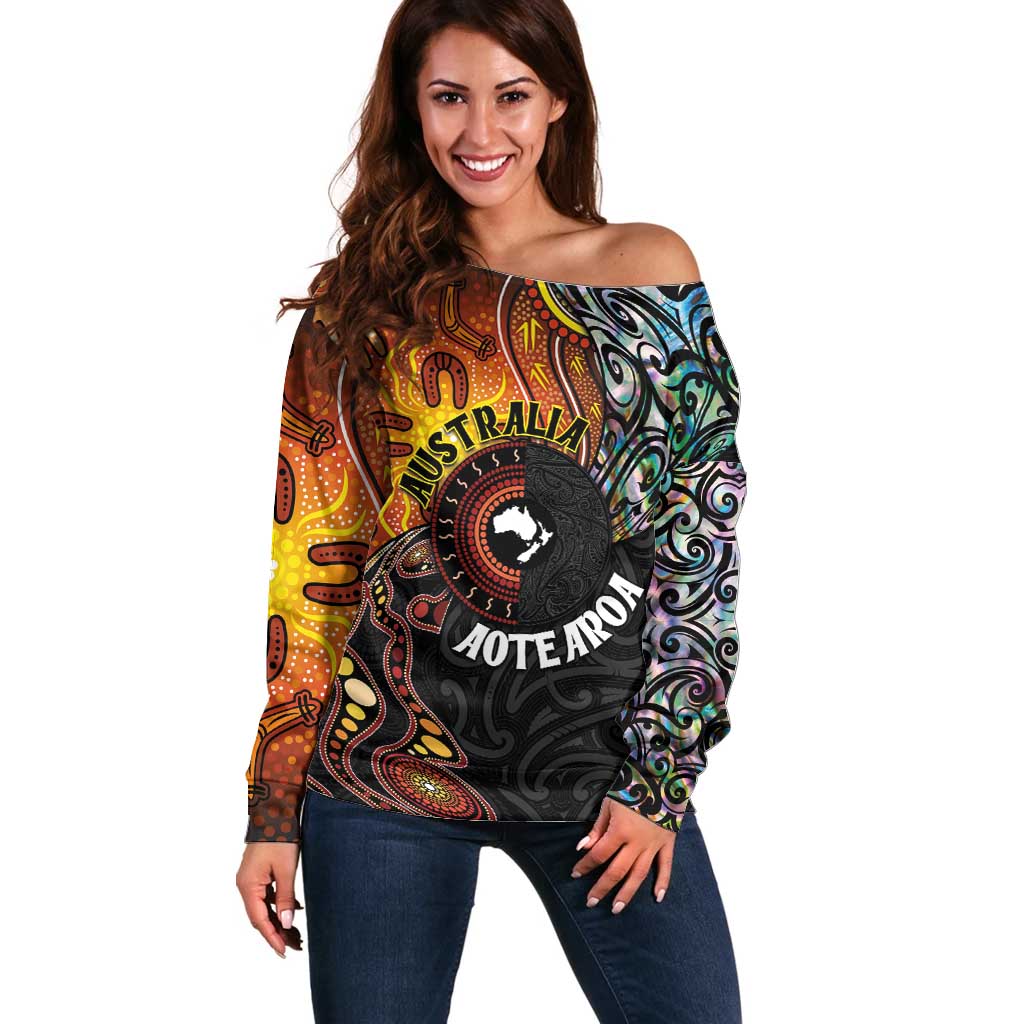 New Zealand and Australia Together Off Shoulder Sweater Maori Tattoo Paua Shell mix Aboriginal Pattern