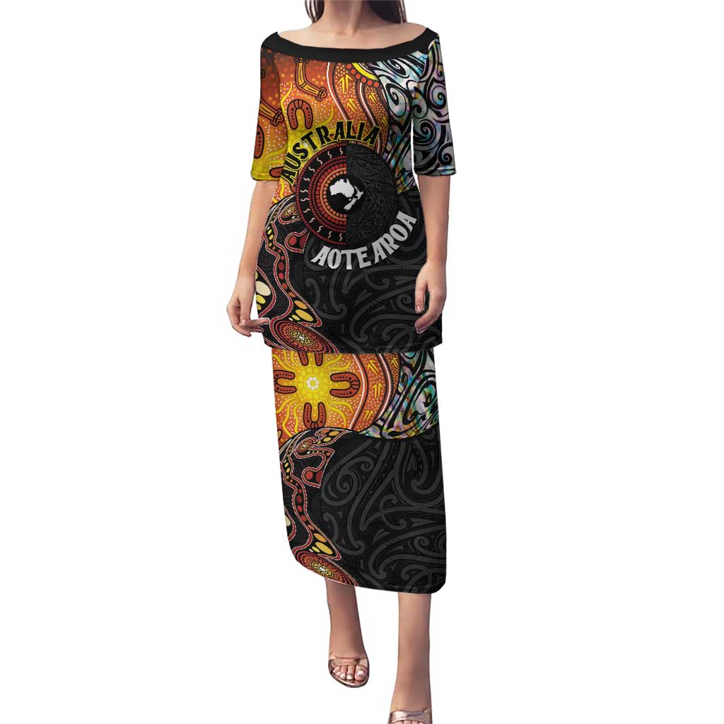 New Zealand and Australia Together Puletasi Maori Tattoo Paua Shell mix Aboriginal Pattern LT03 Long Dress Black - Polynesian Pride
