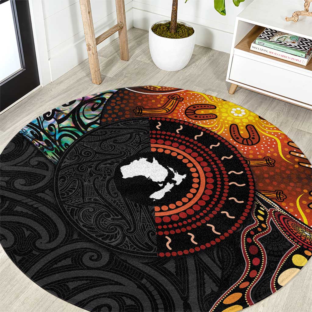 New Zealand and Australia Together Round Carpet Maori Tattoo Paua Shell mix Aboriginal Pattern