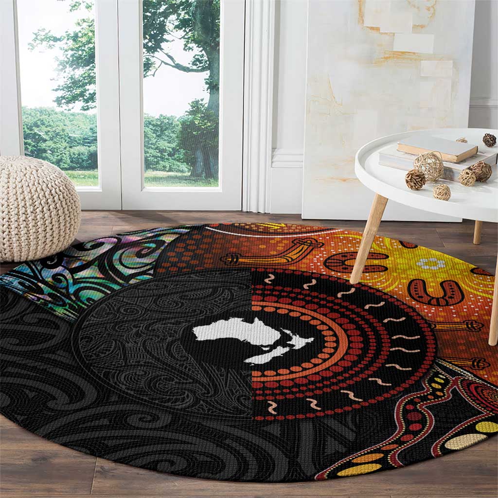 New Zealand and Australia Together Round Carpet Maori Tattoo Paua Shell mix Aboriginal Pattern
