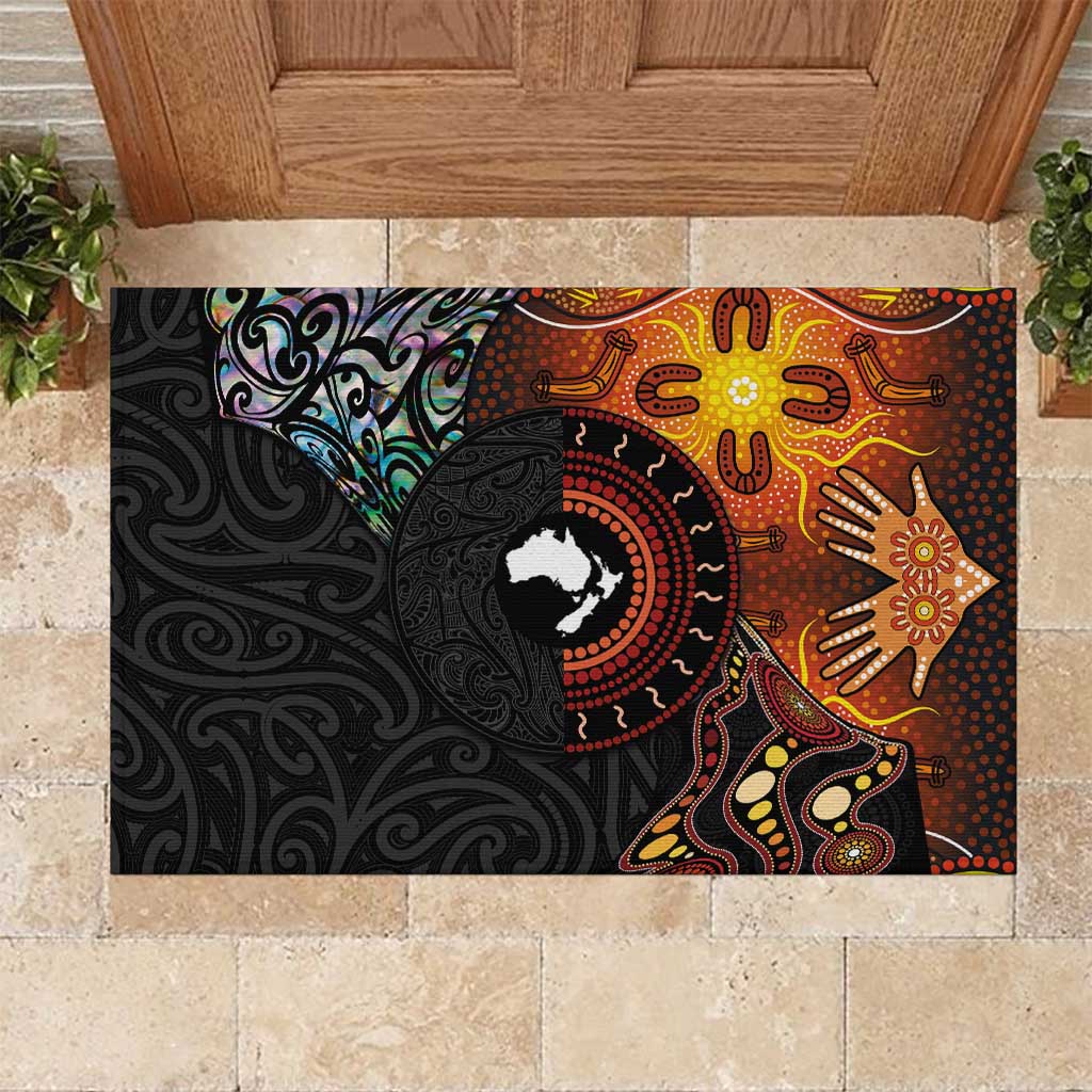 New Zealand and Australia Together Rubber Doormat Maori Tattoo Paua Shell mix Aboriginal Pattern LT03 Black - Polynesian Pride