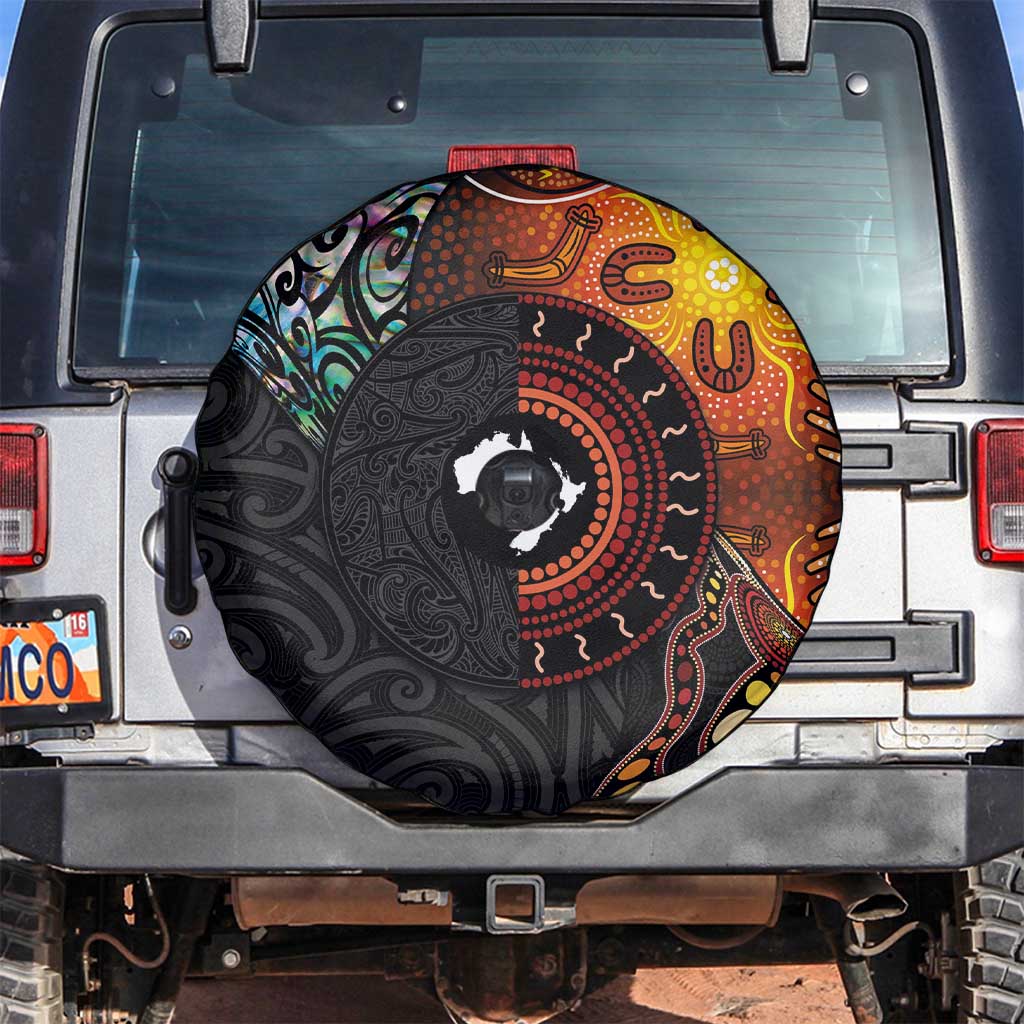 New Zealand and Australia Together Spare Tire Cover Maori Tattoo Paua Shell mix Aboriginal Pattern LT03 Black - Polynesian Pride