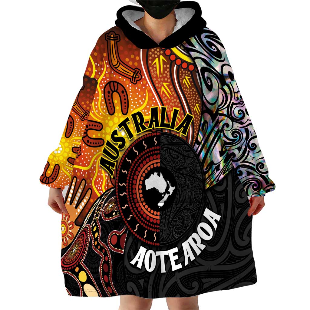 New Zealand and Australia Together Wearable Blanket Hoodie Maori Tattoo Paua Shell mix Aboriginal Pattern LT03 - Polynesian Pride