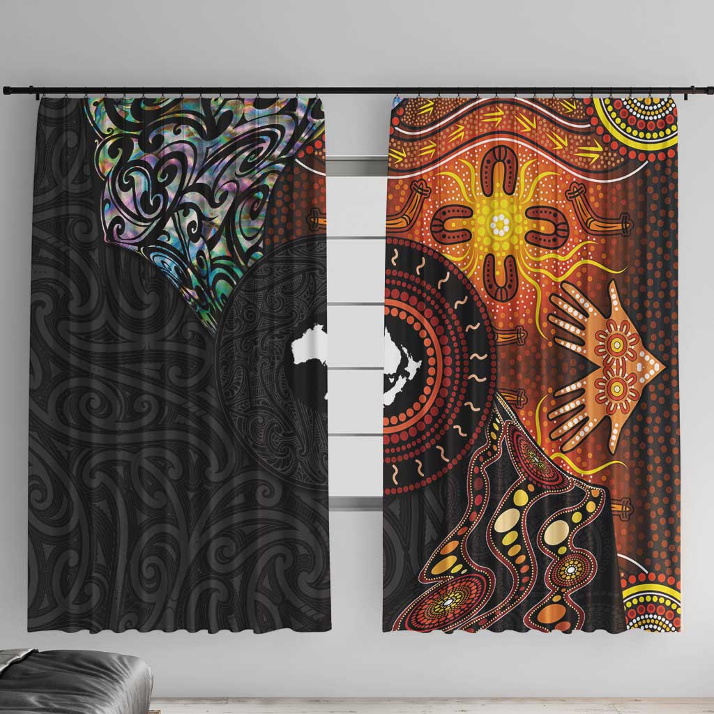 New Zealand and Australia Together Window Curtain Maori Tattoo Paua Shell mix Aboriginal Pattern LT03 With Hooks Black - Polynesian Pride
