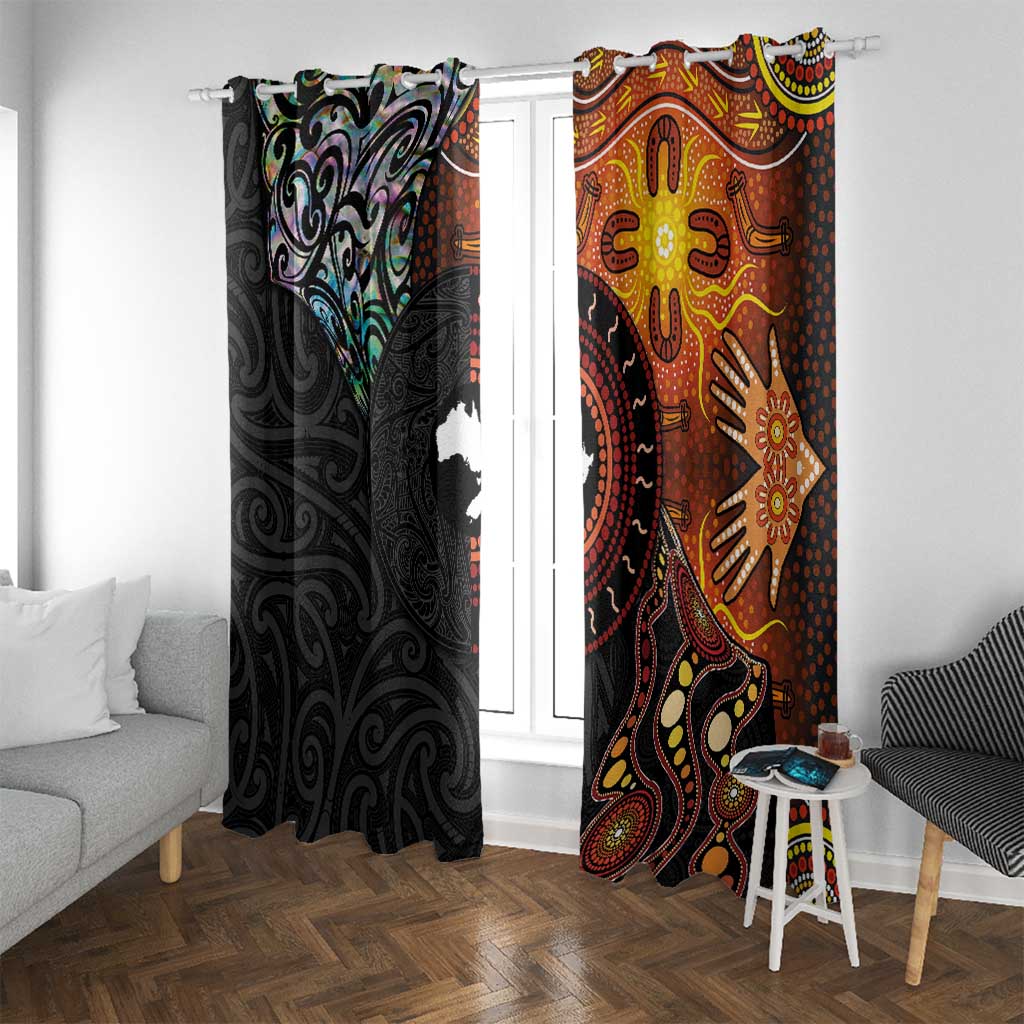 New Zealand and Australia Together Window Curtain Maori Tattoo Paua Shell mix Aboriginal Pattern LT03 With Grommets Black - Polynesian Pride