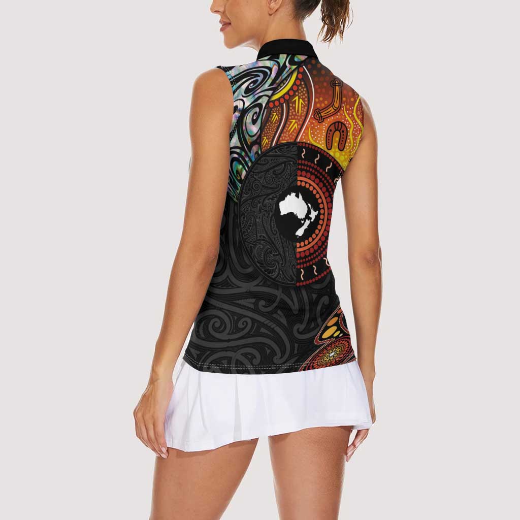 New Zealand and Australia Together Women Sleeveless Polo Shirt Maori Tattoo Paua Shell mix Aboriginal Pattern