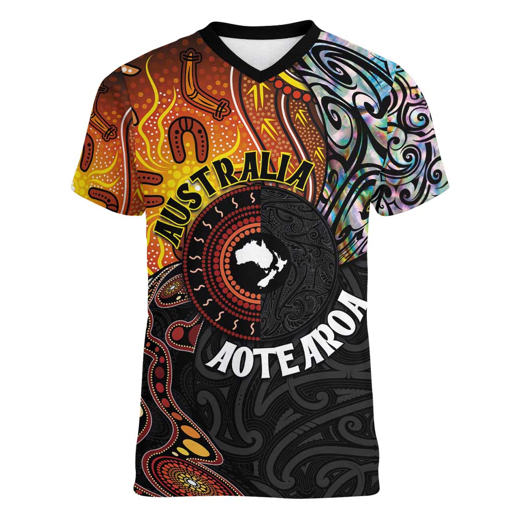 New Zealand and Australia Together Women V-Neck T-Shirt Maori Tattoo Paua Shell mix Aboriginal Pattern