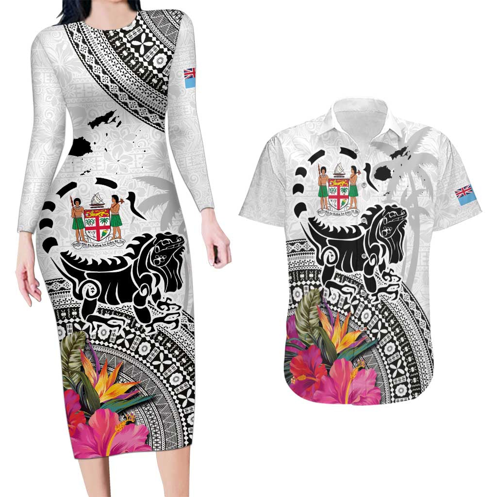 Fiji Iguana Couples Matching Long Sleeve Bodycon Dress and Hawaiian Shirt Tapa Tribal Tattoo and Hibiscus