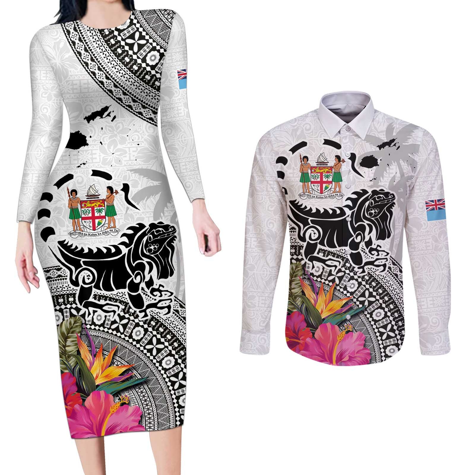 Fiji Iguana Couples Matching Long Sleeve Bodycon Dress and Long Sleeve Button Shirt Tapa Tribal Tattoo and Hibiscus LT03 White - Polynesian Pride