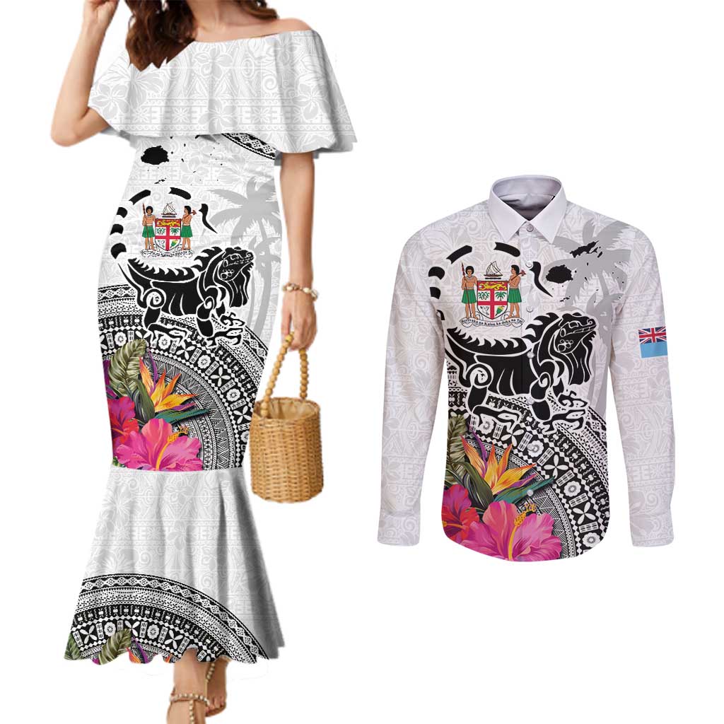 Fiji Iguana Couples Matching Mermaid Dress and Long Sleeve Button Shirt Tapa Tribal Tattoo and Hibiscus LT03 White - Polynesian Pride