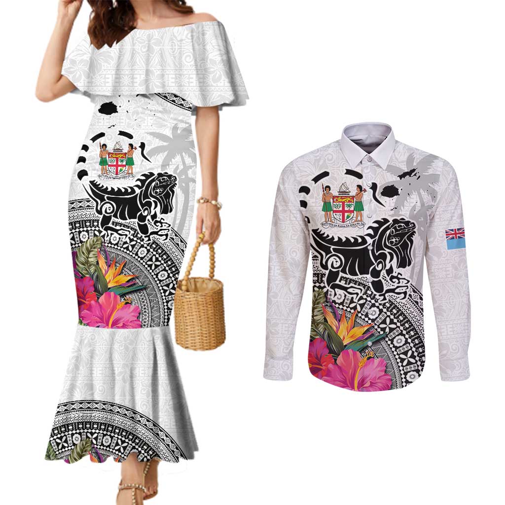 Fiji Iguana Couples Matching Mermaid Dress and Long Sleeve Button Shirt Tapa Tribal Tattoo and Hibiscus